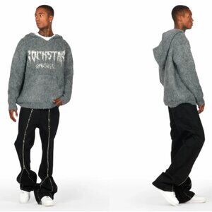 Rockstar Originals Mohair Hoodie Andros Grey Graphic Knitted Pullover Sweatshirt